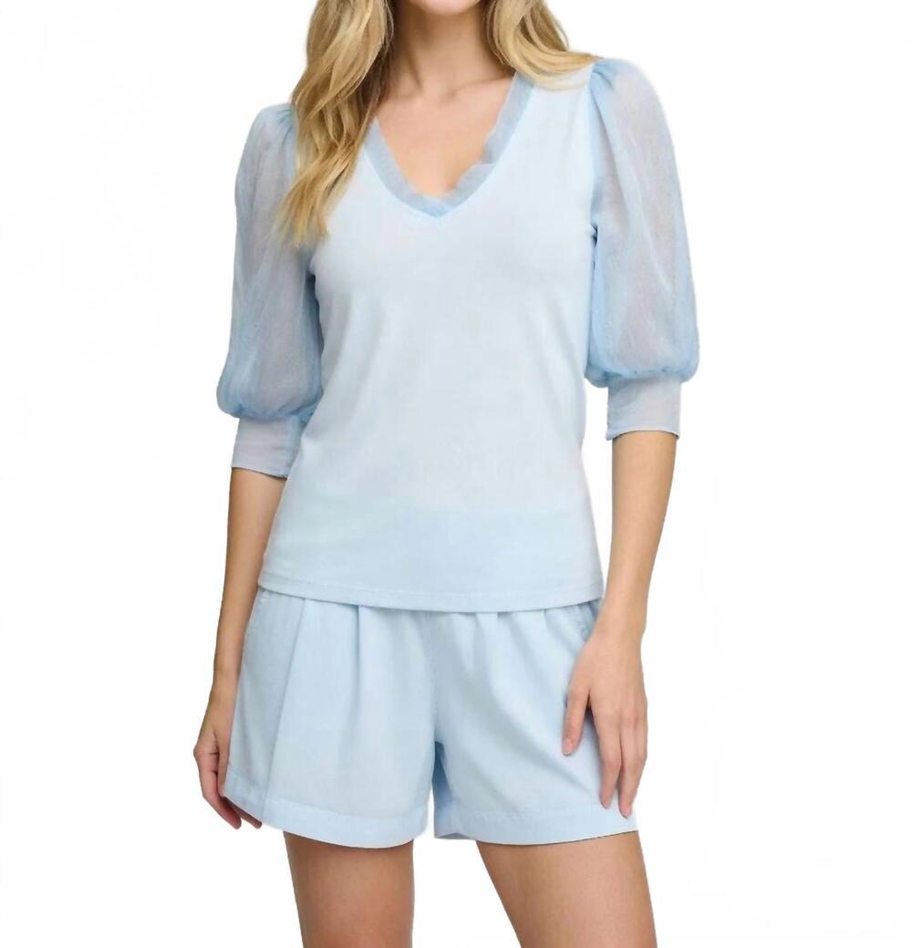 NEW MAVEN WEST three quarter sleeve mixed media top in sky blue